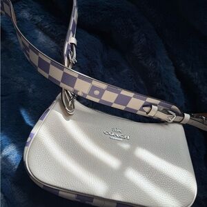 Coach Cream and Purple Checkered Shoulder Bag